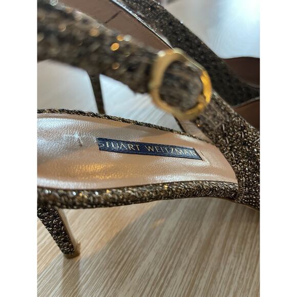 Stuart Weitzman Womens 75mm Slingback Heel Gold Bronze Glitter Crystal Mesh 9.5 - Picture 4 of 8